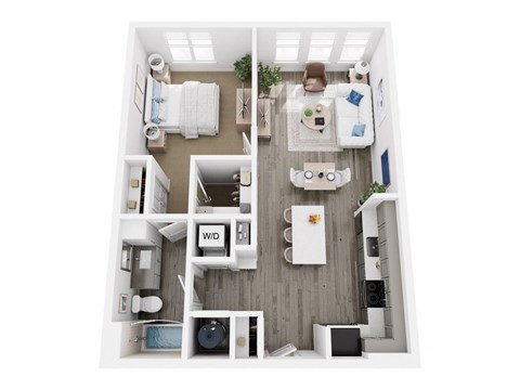 A top-down view of a small apartment with a kitchen, living room, and bathroom.